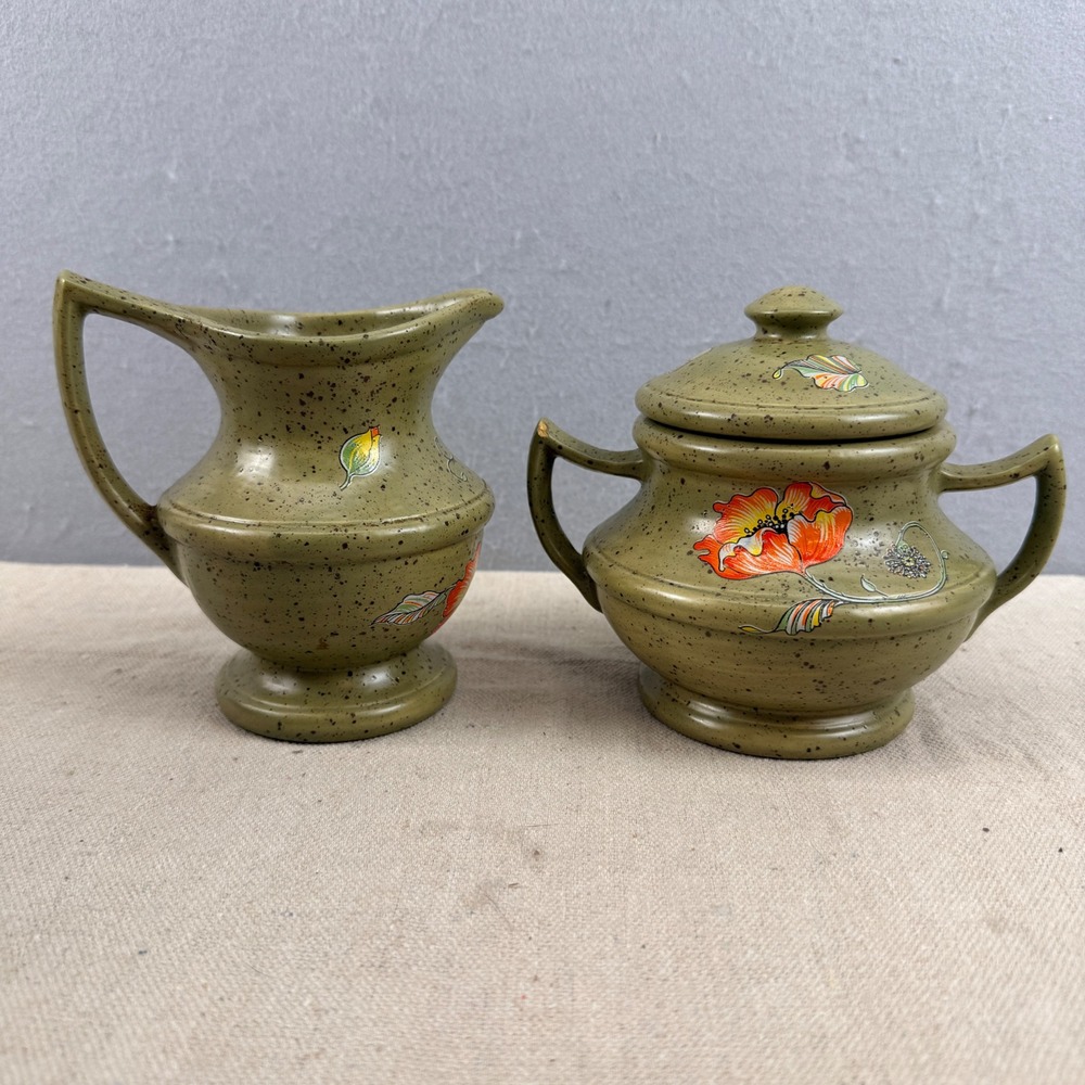 Vintage 1970s Speckled Stoneware Sugar & Creamer‎ Set Orange Poppy Floral